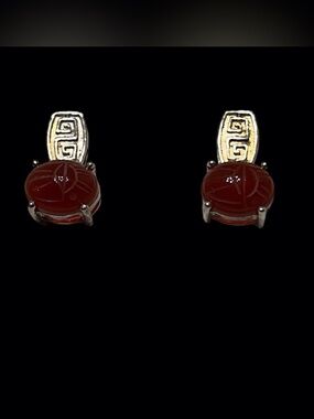 925 Sterling Silver Carnelian Scarab Design Post Earrings. Pre owned